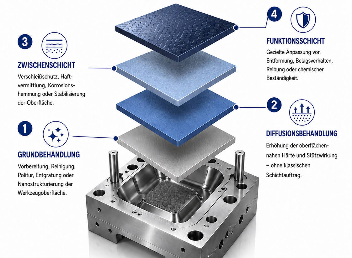 Modularer Oberflächenbaukasten mit Grundbehandlung, Diffusion, Zwischenschicht und Funktionsschicht